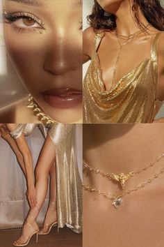 four different images of women wearing gold jewelry and high heeled shoes, one in the foreground with her hand on her hip