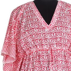 Festive Block Print Kaftan, Traditional Pink Kaftan For Beach Cover-up, Bohemian Pink V-neck Kurta, Long Sleeve Ikat Print Beach Dress, Festive Block Print Kaftan Tunic, Festive Block Print Tunic Kaftan, Festive Tunic Kaftan With Block Print, Traditional Flowy V-neck Kaftan, Festive Ikat Print Tunic Dress