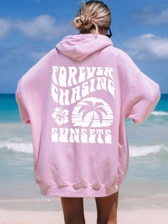 Express the Coconut Girl Aesthetic with this cute Forever Chasing Sunsets Hoodie! This unique Coconut Girl Surf style Hoodie is super comfy! Size up for a Trendy Oversized Look! ♥ Hello and Welcome to Meaningful Tees Shop! ♥ Printed on the most popular Unisex Hoodie, the Gildan 18500 is 50% Cotton / 50% Poly. The soft fleece lining makes it super Comfy and is sure to become your new favorite! ♥ All of our items are made to order with care for each customer : ) ♥ Please allow 3-7 BUSINESS days (u Summer Streetwear Hoodie With Letter Print, Summer Trendy Hooded Hoodie, Trendy Summer Hooded Sweatshirt, Trendy Hooded Sweatshirt For Summer, Summer Graphic Print Hooded Sweatshirt, Summer Hooded Graphic Print Sweatshirt, Summer Hooded Sweatshirt With Graphic Print, Summer Hoodie With Drawstring Hood, Summer Pink Cotton Hoodie