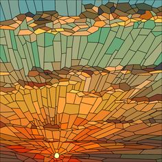 a stained glass window with an orange sky in the background