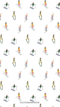 the skiers are all different colors and sizes on this white wallpaper pattern, which is very similar to each other