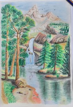 a pencil drawing of a waterfall and trees in the woods with mountains in the background