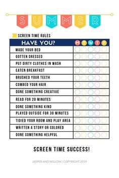 the screen time schedule for summer is shown in this graphic style, with colorful letters and numbers