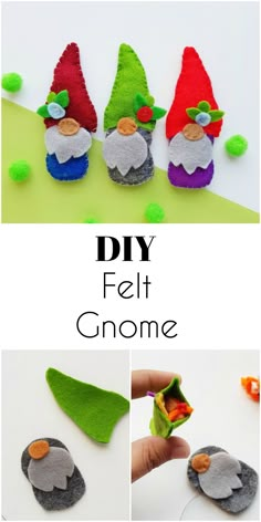 three gnomes made out of felt with text overlay that says diy felt gnome