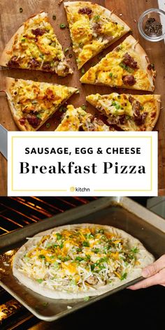 sausage, egg and cheese breakfast pizza is shown in this collage