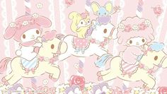 some cartoon characters on pink and white striped wallpaper with flowers in the foreground