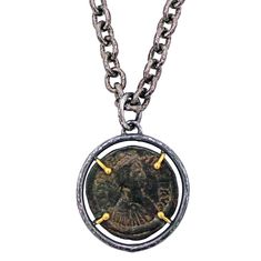 Authentic ancient Byzantine bronze coin (Justin 1, Follis, Constantinople mint, 518-527 A.D.) set in oxidized sterling silver and 22k yellow gold hand-fabricated pendant on a heavy, handmade oxidized sterling silver cable chain with lobster clasp. Brown Leather Necklace, Period Jewelry, 1st Dibs, Large Pendant Necklace, Ancient Coin, Contemporary Pendant, Ancient Coins, Yellow Gold Chain, Gold Hands