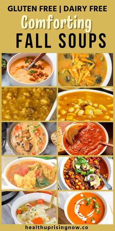 An assortment of healthy soup recipes that are also gluten free and/or dairy free. Hearty Gluten Free Soups, Fall Soup Recipes Non Dairy, Non Dairy Creamy Soup Recipes, Gf Soups And Stews, Dairy Free Gluten Free Soups, Fall Dinner Recipes Dairy Free, Soup Recipes Without Dairy, Soups Without Dairy, Fall Soups Gluten Free