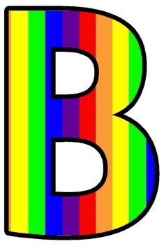 the letter b is made up of multicolored stripes, and has a black outline