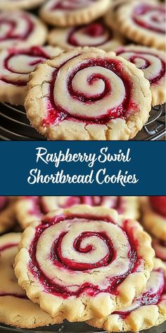 raspberry swirl shortbread cookies on a cooling rack