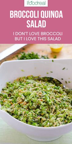 broccoli quinoa salad in a white bowl