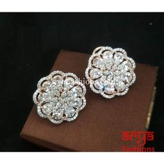 Tahi CZ Studs with Silver stones in Rose Gold Finish/ Trendy Bollywood Stud Fake Jewelry, Colored Stones, Cubic Zirconia Earrings, Zirconia Earrings, American Diamond, Flower Studs, Light Weight Earrings, Silver Flowers, Cz Stone