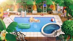 a pool surrounded by palm trees and chairs with a dog laying on the floor next to it