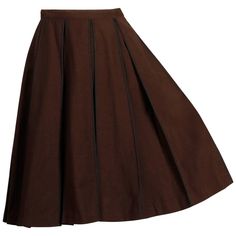 Early 1960s vintage pleated skirt by B.H. Wragge. Brown wool with black cord trimmed box pleats. Unlined with side metal zip and hook closure. Fits like a modern size small. The waist measures 25", hips 38.5" and the total length 24.5". Excellent vintage condition with no noted flaws. Vintage Full Skirt With Accordion Pleats, Retro Pleated Brown Skirt, Vintage Brown Skirt, Vintage Pleated Skirt, Brown Pleated Skirt, Brown Jumpsuits, Red Pencil Skirt, Academia Fashion, Brown Skirt