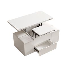 a white table with two drawers and one drawer on the bottom is open to reveal an office desk