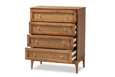 a wooden dresser with three drawers and wicker baskets on the bottom drawer, against a white background