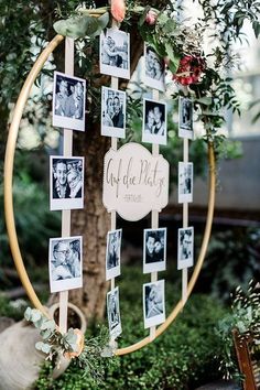 a circle with photos hanging from it is surrounded by greenery and flowers in front of a tree