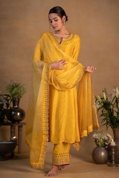 Shop for Pants and Pajamas Yellow Modal Silk Zardozi Embroidered Neckline Kurta Set for Women Online at Aza Fashions Women Kurta, Silk Bottoms, Embroidered Pants, Embroidered Neckline, Indian Fashion Designers, Kurta With Pants, Silk Dupatta, Boutique Fashion, Silk Pants