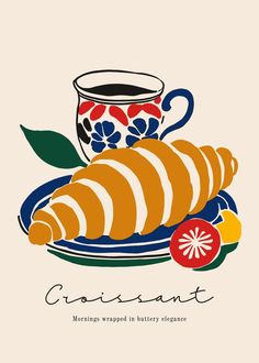 an illustration of croissants on a plate with a cup of coffee