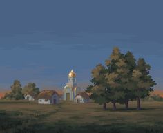 an image of a pixelated church in the middle of a field with trees around it