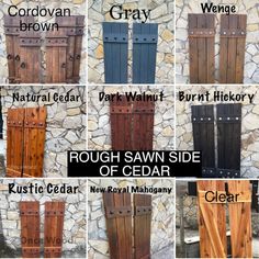 several different types of wooden doors with names and pictures on them, including the name of each door