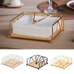 the napkin holder is made out of wood and metal