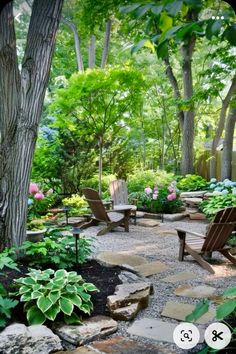 an outdoor patio with chairs and trees in the background, surrounded by stone walkways