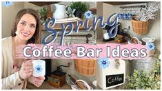 a woman holding a cup in front of a coffee bar