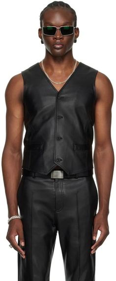 LU'U DAN.SSENSE Exclusive Black Tailored Leather Vest.Grained nappa lambskin vest..· V-neck.· Button closure.· Welt pockets.· Full twill lining.Available exclusively at SSENSE..Supplier color: Black.Body: 100% lambskin. Lining: 100% viscose..Made in Turkey..241331M181003 Mens Vest Coat, Leather Vest Outfit, Mens Black Vest, Men Styling, Mens Vest Fashion, Outfit References, Leather Waistcoat, Black Leather Vest, Black Leather Top