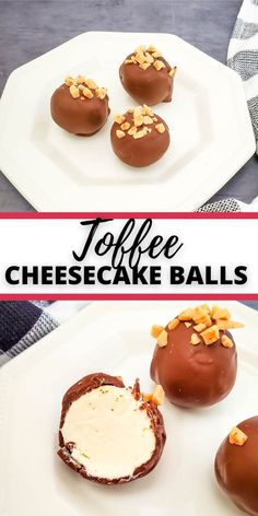 chocolate covered cheesecake balls on a white plate with the words toffee cheesecake balls