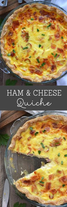 ham and cheese quiche in a glass pie dish with a slice missing from it