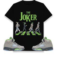 the joker t - shirt and sneakers are shown in front of a black tee shirt