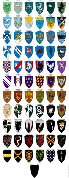 a large group of different colored shields on a white background