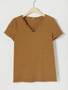 Artisan Gold Solid Embroidery V-neck Short Sleeve Tshirt Solid Color V-neck T-shirt For Summer, V-neck T-shirt For Summer, Brown V-neck Top For Summer, Solid Color Cotton V-neck T-shirt, Brown Solid Color V-neck Top, Brown V-neck Solid Color Top, Solid Color Cotton V-neck Top, Brown Cotton V-neck Top, Ladies Tops Fashion