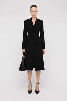 CREPE KNIT TAILORED COAT-BLACK - Scanlan Theodore Scanlan Theodore, Tailored Coat, Cold Weather Fashion, Black Vest, Black Coat, Classic Black, Trench Coat, Knee Length, Work Wear