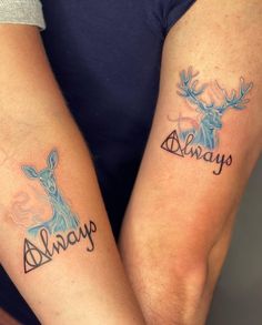 two people with tattoos on their arms that say always and always, both have deer heads