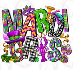 the word mardi gras is made up of many different items and colors, including hats