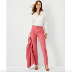 Ann Taylor The High Rise Straight Pant In Double Knit Size: 2 Color: Juicy Watermelon Our Sophisticated And Timeless Straight-Leg Pant Has A Classic Lean Fit For A Chic, Structured Silhouette. This Stretchy Yet Sophisticated Wrinkle-Resistant Fabric Is Comfort-Chic At Its Finest. It Also Plays Very Well With Othersmix And Match The Collection With Ease. Front Zip With Double Hook-And-Bar Closure. Front Pintucks. Front Off-Seam Pockets. Back Besom Pockets. Leg Shape: Straight A Leg-Skimming Shape Fall Chic Stretch Pantsuit, Feminine Bottoms For Workwear In Fall, Feminine Straight Leg Workwear Pants, Feminine Fall Workwear Bottoms, Feminine High Waist Bottoms For Work, Chic Pink Dress Pants For Office, Fitted Pink Pantsuit For Fall, Elegant Stretch Pink Dress Pants, Pink Non-stretch Wide Leg Workwear Pants