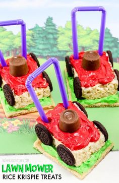 three pieces of cake that look like lawn mowers