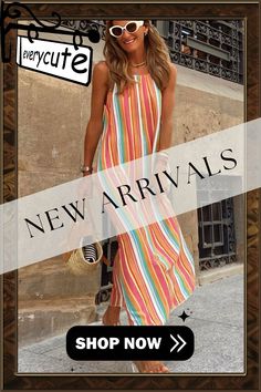 Bohemian Striped Print Sleeveless Holiday Maxi Dress Multicolor Sleeveless Summer Dress, Casual Multicolor Sleeveless Summer Dress, Striped Bohemian Maxi Dress For Summer, Bohemian Striped Maxi Dress For Summer, Multicolor Sleeveless Maxi Dress For Summer, Multicolor Sleeveless Summer Evening Dress, Multicolor Sleeveless Evening Dress For Summer, Multicolor Sleeveless Summer Dress For Beach, Multicolor Sleeveless Sundress For Summer