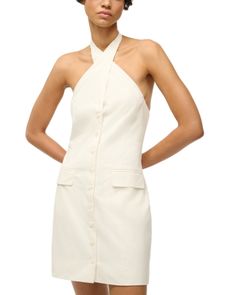 Staud Haven Halter Neck Dress Formal Off White Mini Dress For Summer, Off White Mini Dress For Spring Formal, Off White Formal Dress For Spring, Fitted Off White Dress For Work, Chic Off White Dress For Workwear, Chic Off White Dress For Work, Off White Formal Midi Dress For Spring, Fitted Off White Midi Dress For Workwear, Chic Fitted Off White Midi Dress