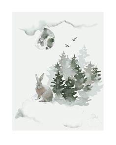 a painting of a rabbit in the snow with trees and birds flying by it's side