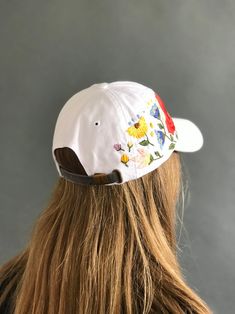 Hand embroidered hat custom embroidered hat floral | Etsy Summer Brimmed Cotton Trucker Hat, Summer Cotton Brimmed Trucker Hat, Cotton Brimmed Trucker Hat For Summer, Spring Hats With Curved Visor, White Embroidered Cotton Baseball Cap, Summer Hat With Curved Visor, Cotton Baseball Cap For Summer, Cotton Summer Baseball Cap, Summer Cotton Fitted Baseball Cap