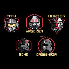 four different logos with helmets on them, including the words'techwrecker and crosshair