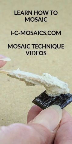 a hand holding a toothpick with cream on it and the words learn how to mosaic