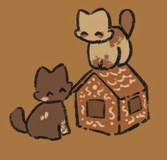 a drawing of a cat sitting on top of a house next to a small dog