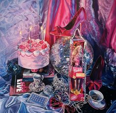 a painting of a disco ball, cake and other items