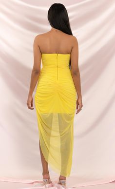 You're Extraordinary Bright Yellow Strapless Ruched Side Slit Asymmetr – Indie XO Boho Wedding Summer, Yellow Maxi Dress, Yellow Maxi, Bodycon Maxi Dresses, Side Split, Neon Yellow, Strappy Heels, Bright Yellow, Asymmetric Hem