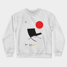 a white sweatshirt with an image of a chair and a red ball on the back