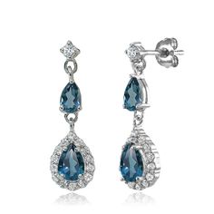 PRICES MAY VARY. FEATURE - These attractive earrings display pear shape london blue topaz gemstones surrounded by white topaz stones dangling below pear shape solitaire london blue topaz stones. They are attached to single small round white topaz stones. These gemstone earrings in fine jewelry should be an addition to your topaz jewelry and topaz gemstone jewelry collection. They can be purchased as earrings for women, earrings for girls and earrings for teens. CRAFTED - These jewelry earring dr Earrings For Teens, Earrings Display, Stone Dangle Earrings, Topaz Jewelry, Teardrop Dangle Earrings, Blue Topaz Stone, Halo Earrings Studs, Round Stud Earrings, Sapphire Jewelry